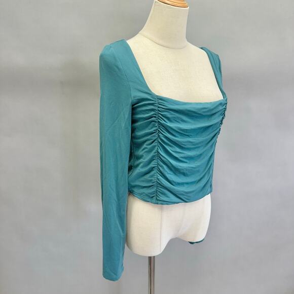 Wilfred Lydia teal crop top square neck ruched front long sleeve Size Large - Picture 4 of 10